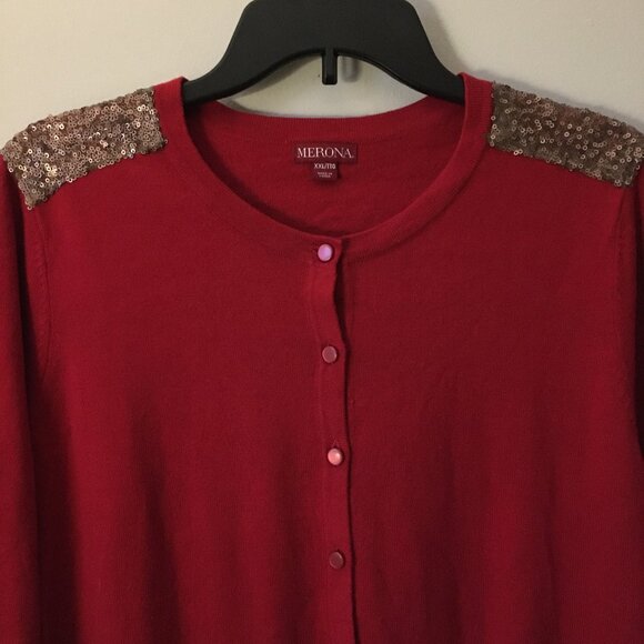 Natural Blend Merona Red with Gold Sequin Shoulders Button Down Cardigan - Picture 5 of 14